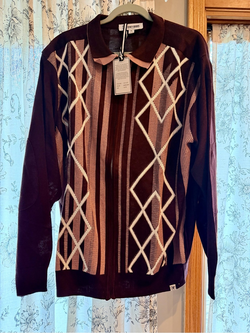 Stacy Adams Oxblood and Cream Geometric Zip-Up Men's Sweater
